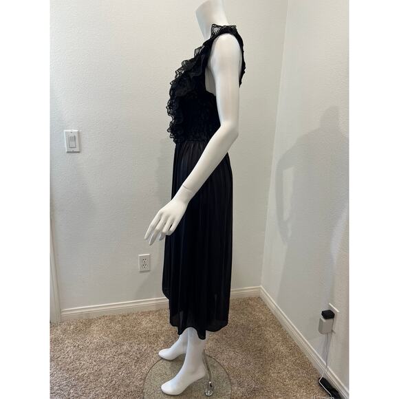 VINTAGE 80s Black Cinema Etoile Stretch Ruffle Lace Lingerie Nightgown SMALL - Picture 5 of 8